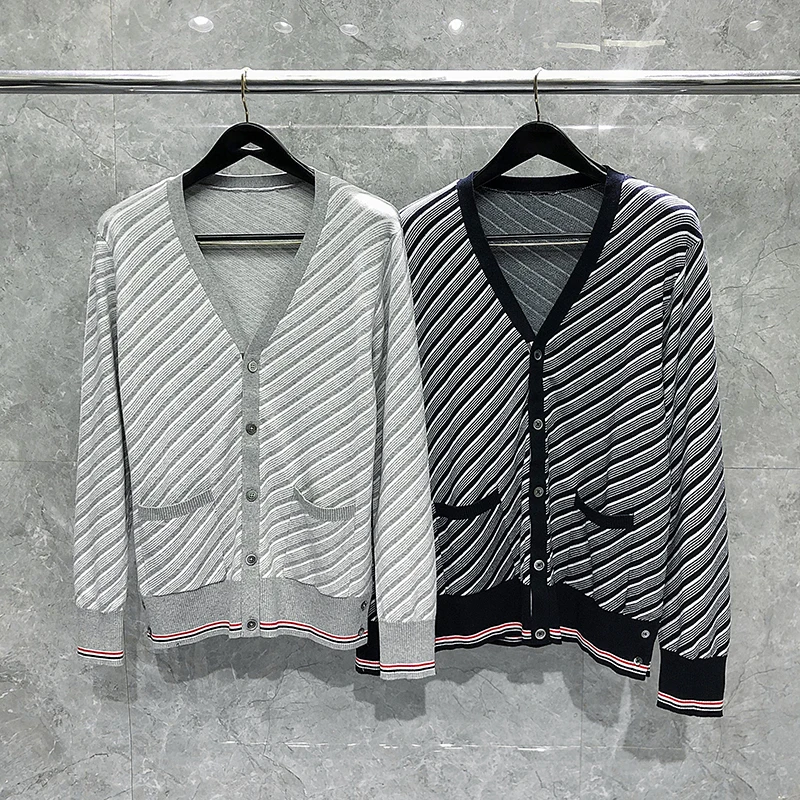 TB THOM Men's Sweaters Diagonal Stripes V-neck Cardigan Harajuku Casual Sweaters 2022 Autumn Korean Fashion Brand Coats
