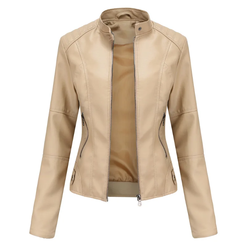 Thin Leather Jacket Slim Fit Motorcycle Suit Large Size Stand-up Collar Leather Jacket Women