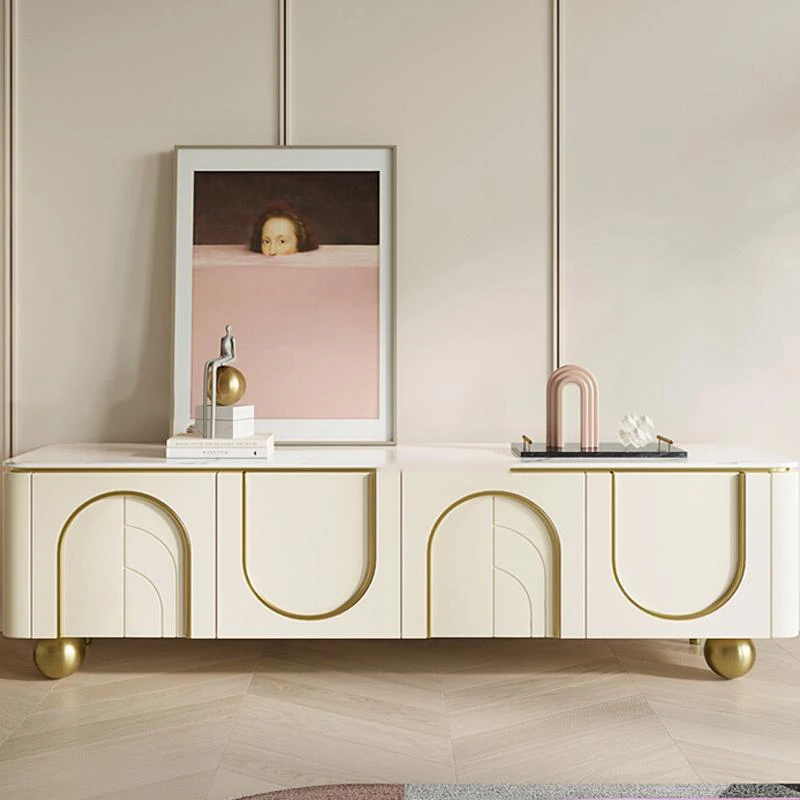 

Cream Style TV Cabinets Living Room Large Storage Gold Ball Stainless Steel Feet Pressed Doors Furniture Concise TV Stand