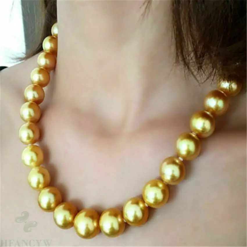 

Huge AAAAA 16mm south sea shell pearl round golden pearl necklace 18 inch accessories personality woman chain jewelry