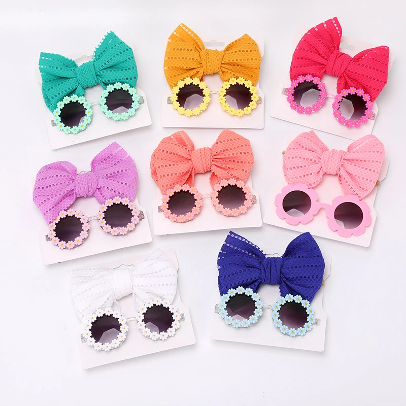 

Baby Girls Hair Accessories Fashion Sun Flower Sunglasses Bow Hairband Set Newborn Head Bands Summer Beach Photography Props