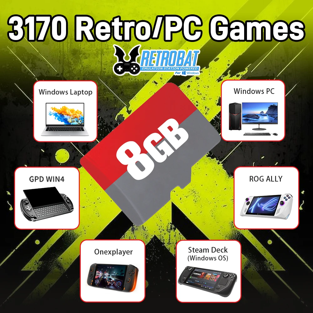 Фото Игровая TF-карта 8 ГБ с 3170 Retro/ПК-играми Retrobat OS для ROG ALLY/Onexplayer/GPD WIN4/Win Портативная игровая консоль/Win ПК/ноутбука №1