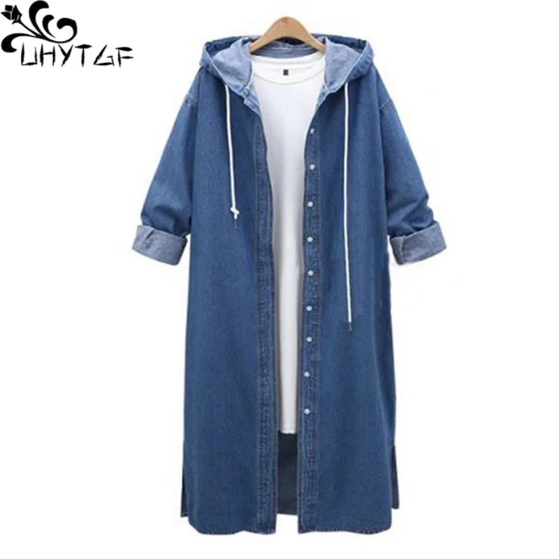 

UHYTGF Hooded Denim Trench Coat Women Spring Autumn New Korean Single-Breasted Long-Sleeved Cowboy Top Female Mid-Length Jacket