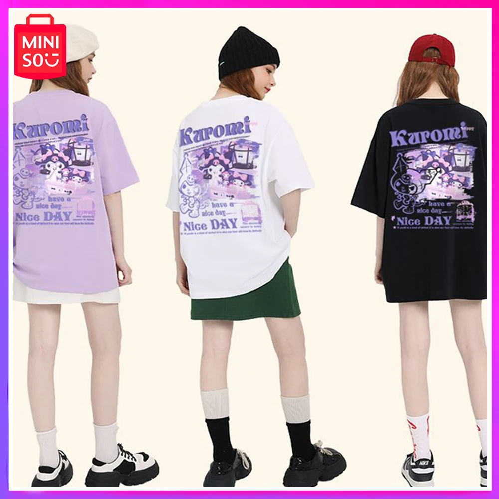 

Miniso 2024 Sanrio Kuromi New Summer Skinny-Looking Blouse Loose-Fitting Cotton Half-Sleeve Pink Graduation Birthday Girl Gifts