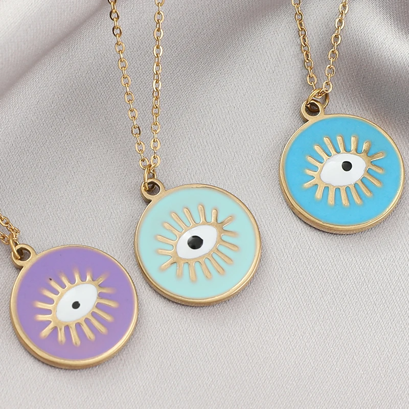

Bohemia Colorful Oil Dripping Devil Eye Pendant Necklace Rounld Shaped Stainless Steel Enamel Evil Eyes Necklace Fashion Jewelry