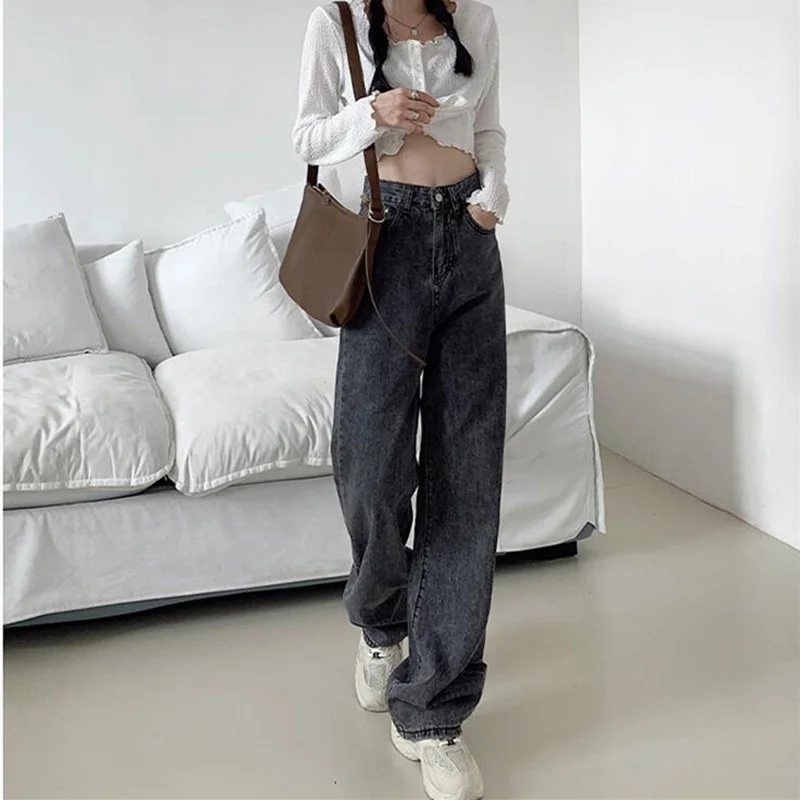 

Women's jeans high-legged broad leg, blue streetwear vintage 2020 fashion harajuku slacks straight