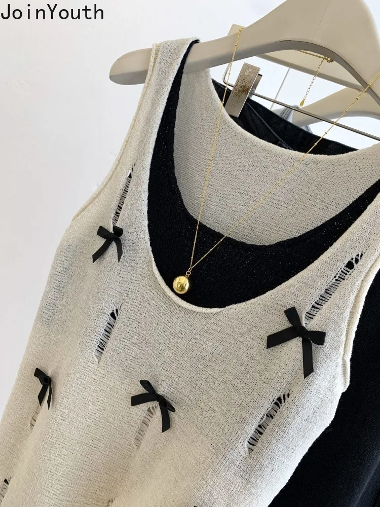 Топ женский трикотажный с бантом без рукавов свободного покроя