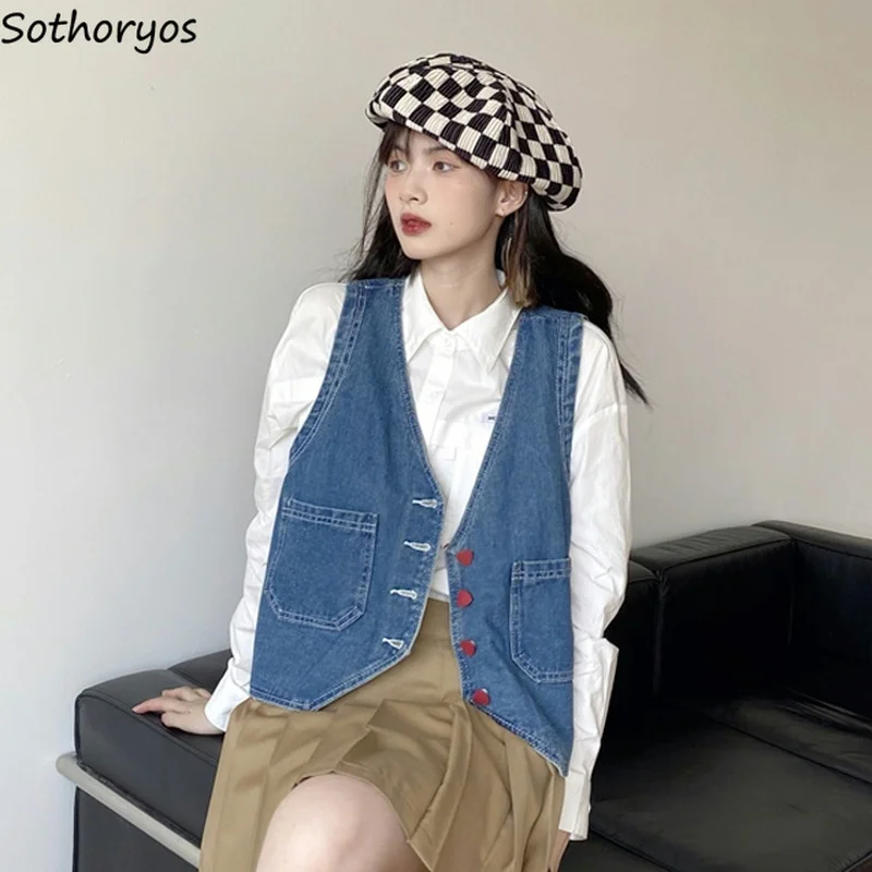 

Vests Women Retro V-neck Preppy Style Slim Femme Spring Fall Outwear Lovely Sleeveless All-match Casual Denim Hot Sale Student