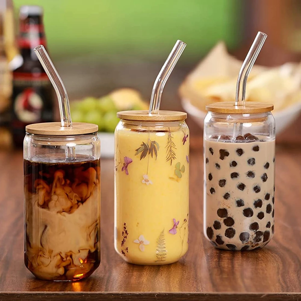 

470ml/550ml Glass Cup With Bamboo Lid and Straw Bubble Tea Cup Glasses Cups Transparent Beer Can Coffee Cup Cold Wine Cola