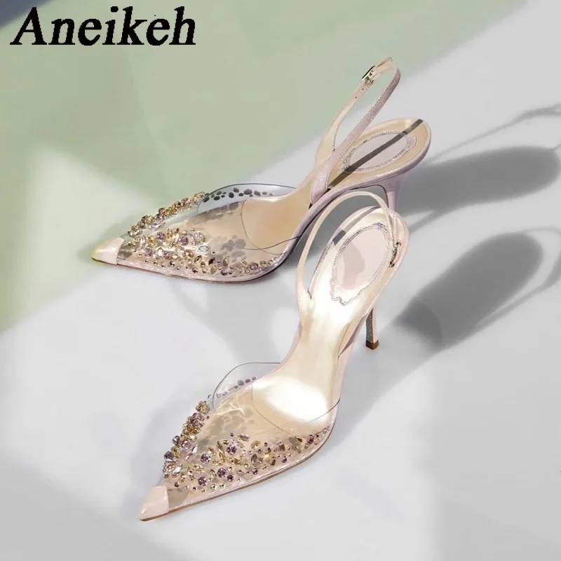 

Aneikeh 2023, яркие блестящие туфли-лодочки на каблуке, женские прозрачные туфли из ПВХ с острым носком и ремешком с пряжкой, свадебные туфли