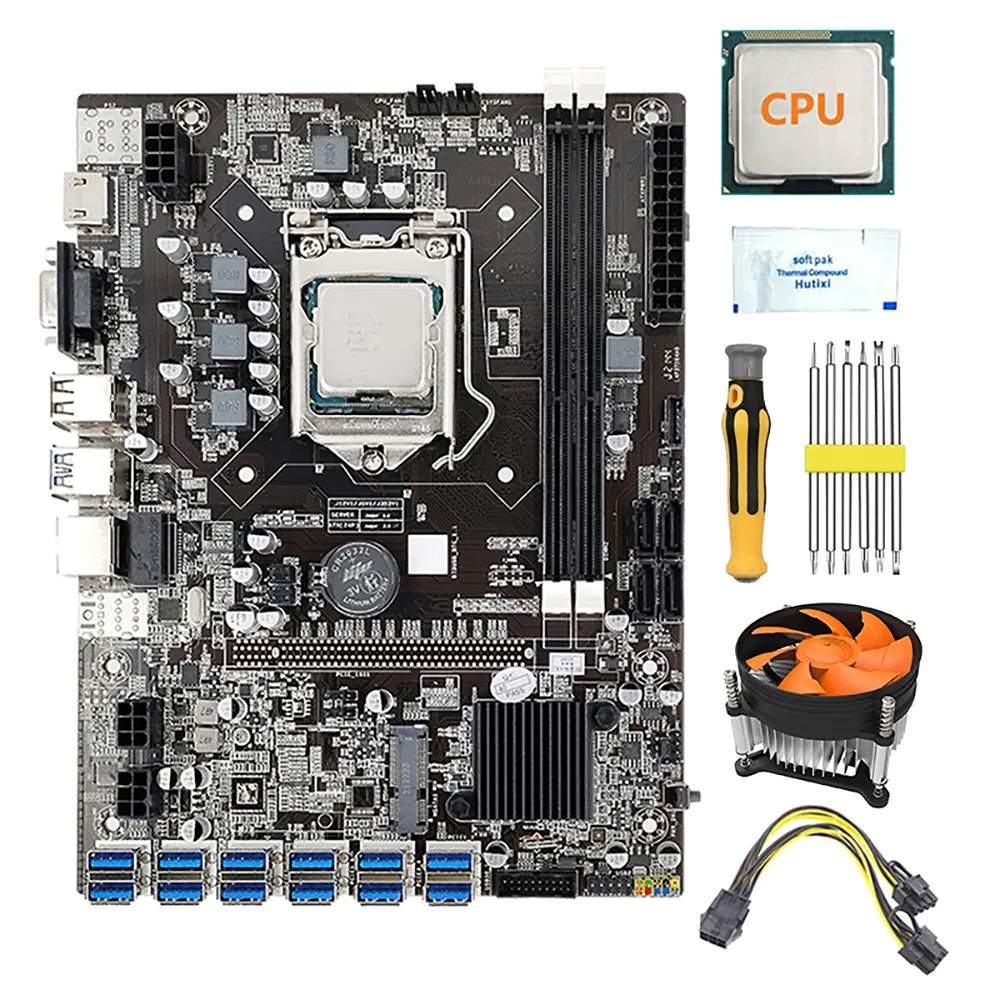 

B75 12 GPU BTC Mining Motherboard+CPU+Fan+Thermal Paste+Power Cable+Screwdriver 12X USB3.0 Slot LGA1155 DDR3 RAM SATA3.0