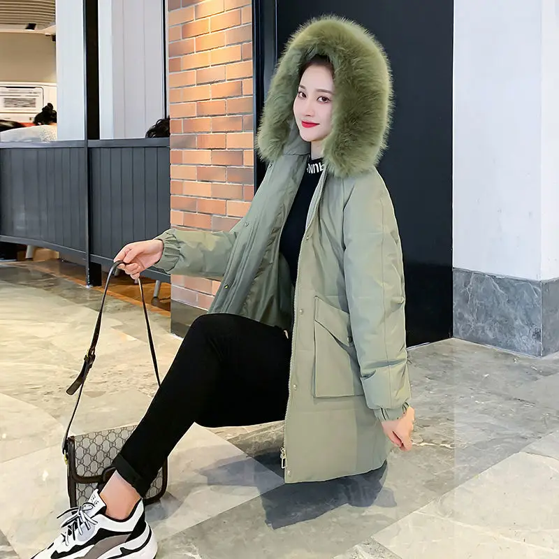 New Hooded Down Cotton Jacket Women's Medium Long Thickened Korean Winter Padded Coat Cold Weather Ladie's Warm Parkas