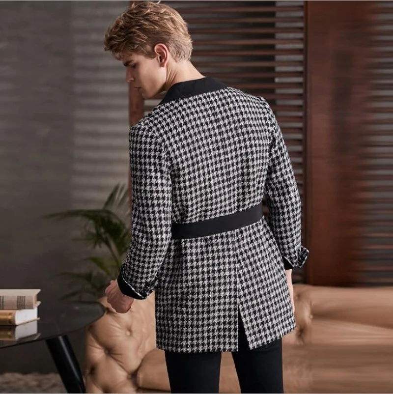 

2022 New Spring Autumn Men Fashion Contrasting Color Suit Jacket Male mid-length Plus Size Coat Loose Houndstooth Trendy Blazers