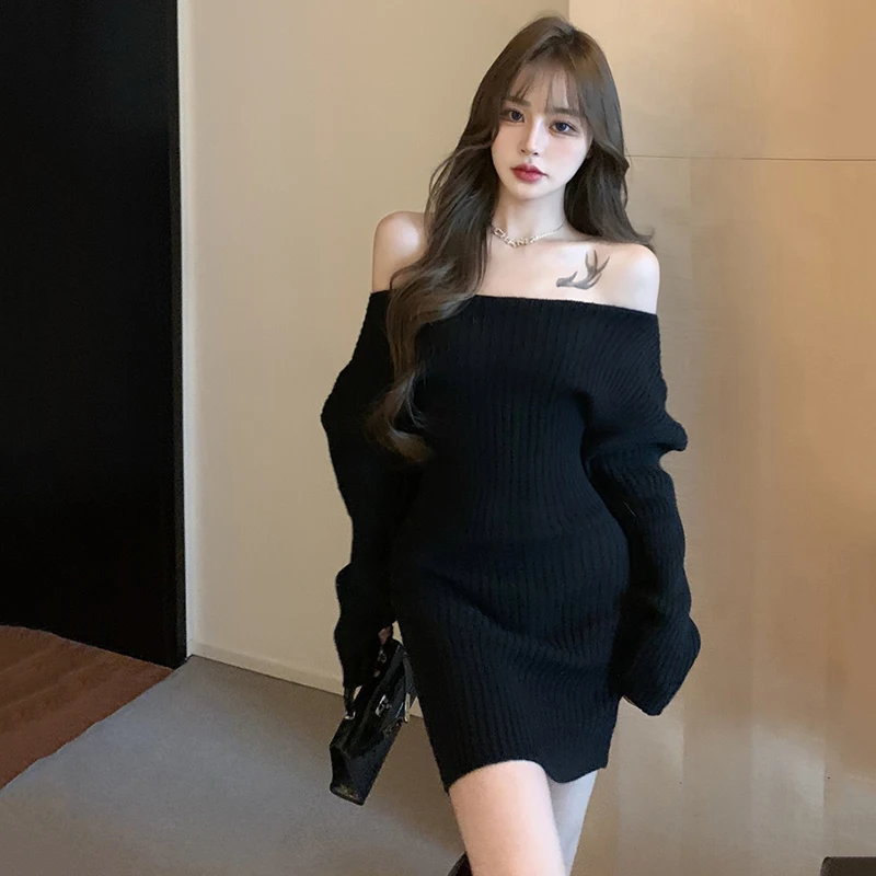 

Sexy Bodycon Slash Neck Black Knitted Dress Mini Off The Shoulder Long Sleeve Pink Sweaters Vestidos Autumn Wild Fashion Clothes