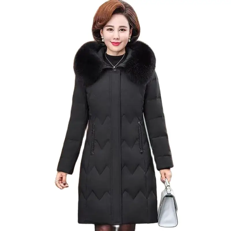 

Mother Big Fur Collar Hooded Down Cotton Jacket Winter Thick Parkas Coat Fashion Black Slim Warm Windproof Long Overcoat Female