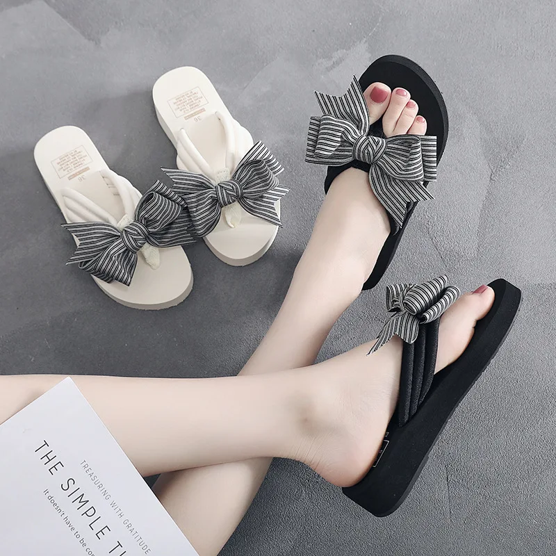 

Low Slippers Soft Flat Shoes Female Platform Rubber Flip Flops Slides Butterfly-Knot Comfort Hawaiian TPR PU Butterfly-knot Cott