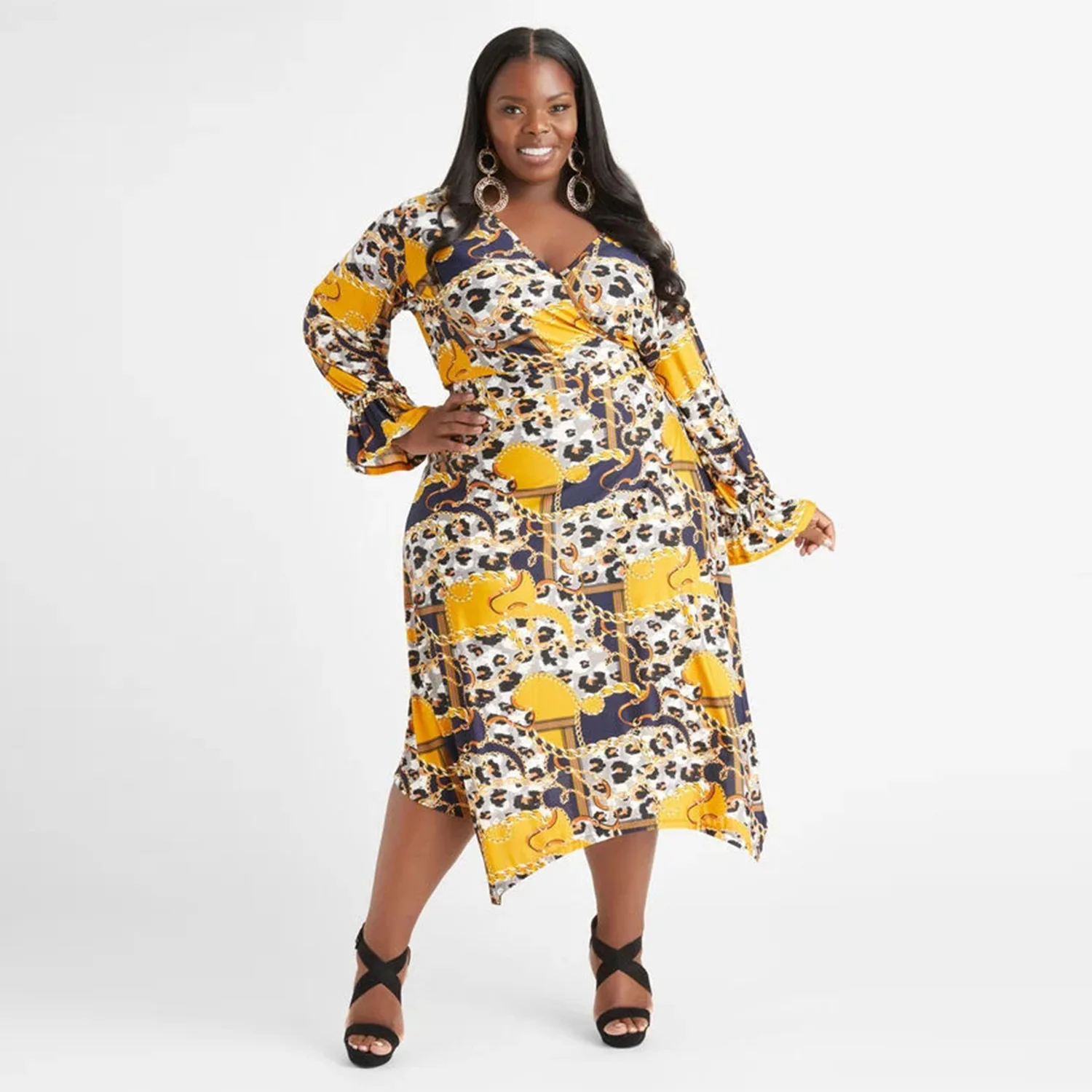 Plus Size Dresses  Elegant Dresses for Women V-Neck  Long Sleeve Dresses for Women Slim Fit Mid-Calf Print Fall Outfits Women