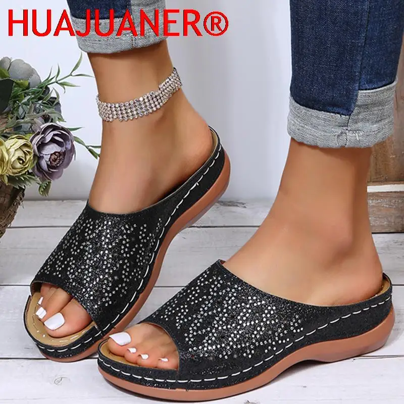 

Сандалии HUAJUANER женские на танкетке, летние туфли с золотистыми блестками, Летние повседневные шлепанцы