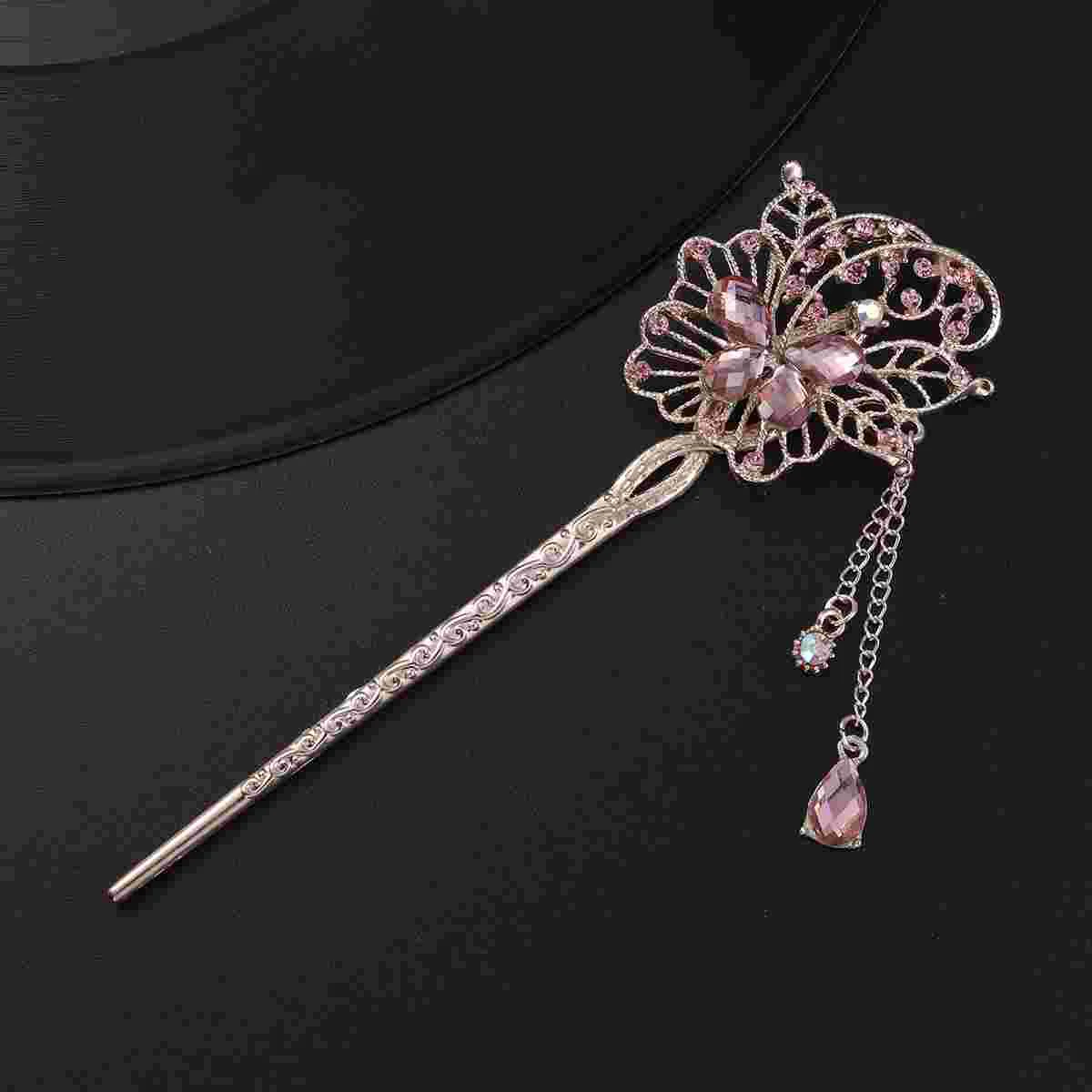 

Rhinestone Hairpin Vintage Hair Chopsticks Crystal Shape Updo Hair Stick with Tassel for Women Girls Pink
