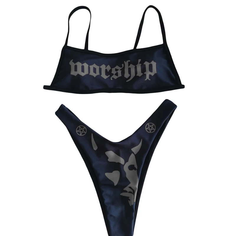 

Очаровательный женский Забавный пикантный комплект бикини, топ без рукавов с открытой спиной и надписью, французские стринги, бикини в стил...