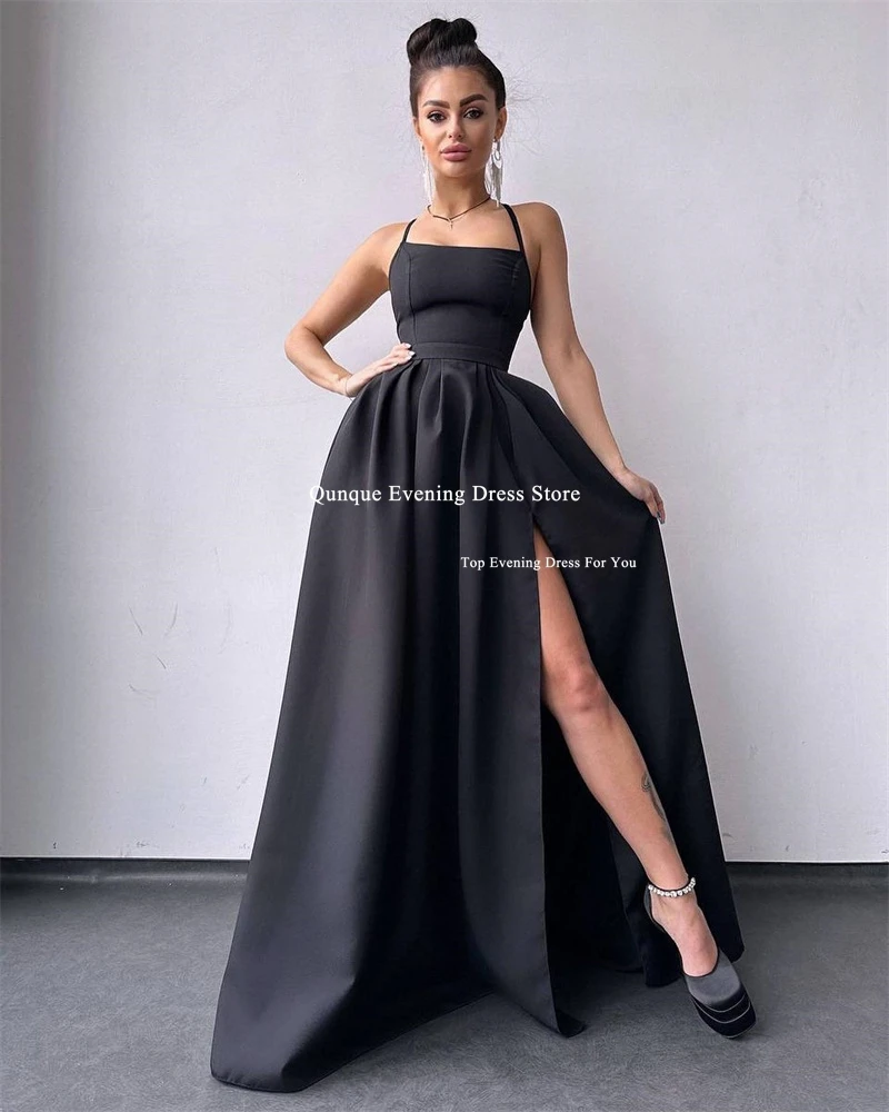 Женское вечернее платье с разрезом Qunque голубое атласное из искусственной кожи