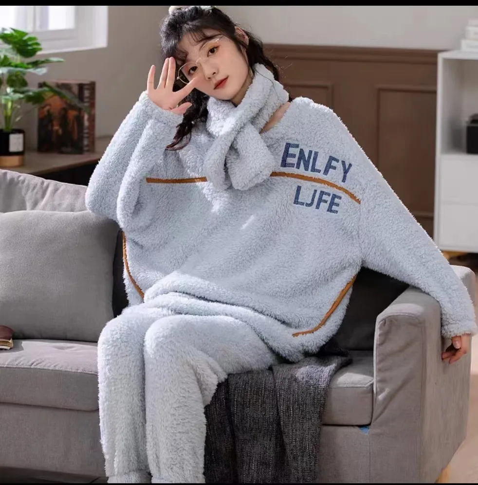 3pcs Plush Pajamas Set with Scarf Womens Winter Thickening Flannel Homewear Suit Cute Coral Fleece Girls Student Outwear Pyjama
