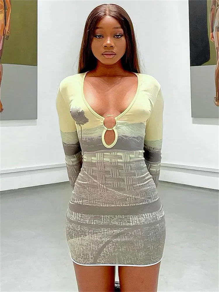 

WESAYNB Summer Clothes Party Dresses For Women 2022 Long Sleeve Grey Black Dress Mini Fashion Dress Ladies Streetwear