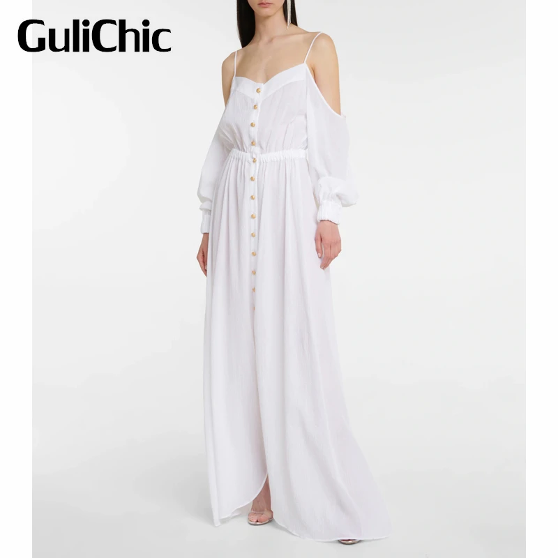 

7.6 GuliChic Women Holiday Casual Suspender Off Shoulder Button Elegant Split Maxi Dress