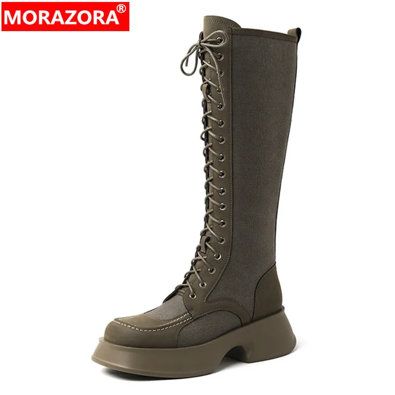 

MORAZORA 2023 New Size 33-40 Synthetic Women Boots Winter Narrow Band Knee High Boots Ladies Thick Med Heels Platform Shoes