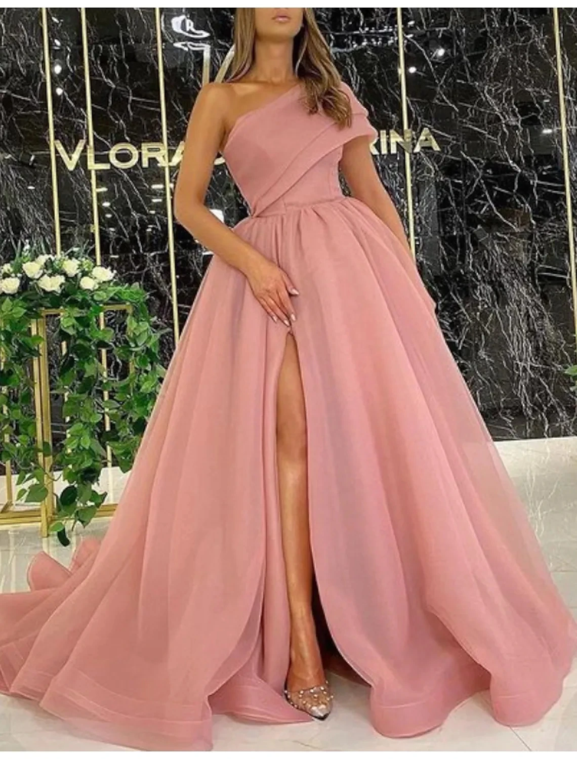 

Elegant A-line Pink Formal Evening Dresses 2022 One Shoulder Organza Prom Party Gown Arabic Dubai Vestidos De Festa