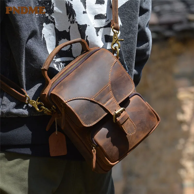 Vintage outdoor daily crazy horse cowhide men small handbag weekend casual natural genuine leather shoulder messenger bag