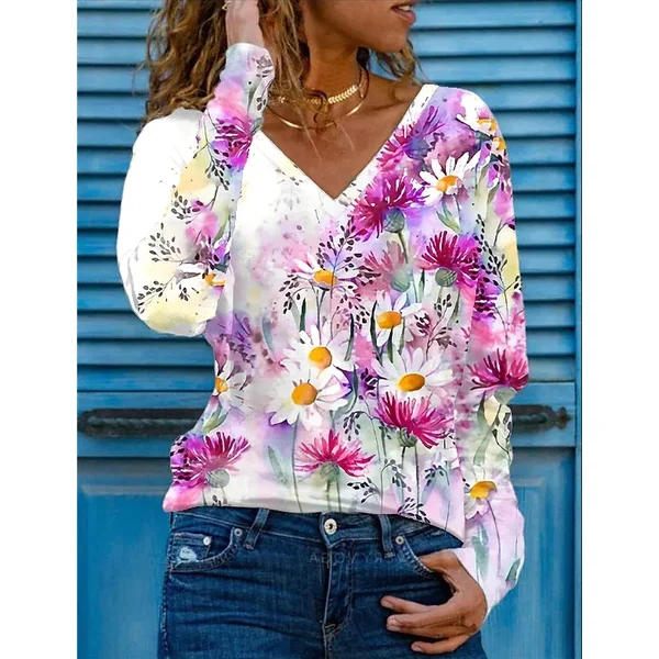 

2022 Plus Size Women's Floral Theme 3D Printed Painting T Shirt Casua Floral 3D Print V Neck Basic Top