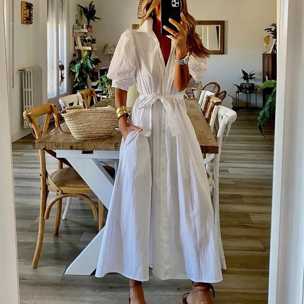 

Turn-Down Collar Lantern Half Sleeve Women Dress Waist Lace-up Solid Color Single Breasted Shirt Maxi Dress Large Hem Maxi Dress