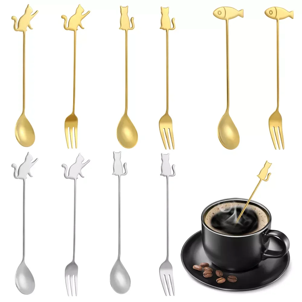 

1PC Creative Coffee Stirring Spoons Fruit Fork Stainless Steel Cute Cat Fish Hanging Cup Teaspoon Dessert Milk Ice Cream Spoon
