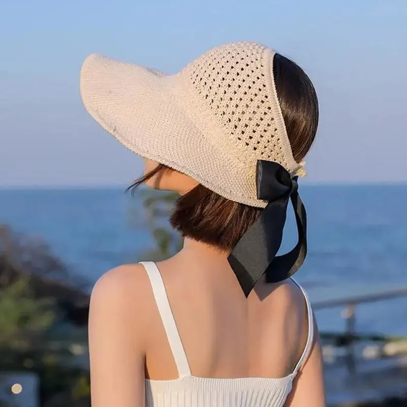 

New Summer Sun Hat Women Ponytail Visor Wide Brim UV Protection Bow Beach Hat Ladies Sunhat Empty Top Hats Foldable Gorro