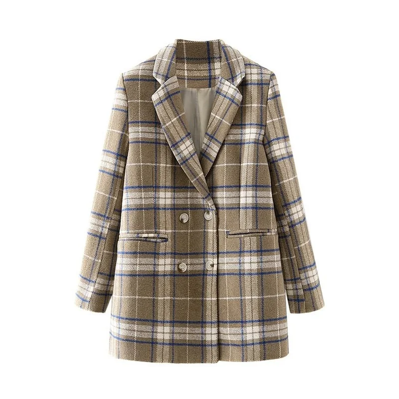 Plaid Blazer Suit Women Contrast Colors Casual Commute Mid Length Office Blazers Double Breasted Woolen Coats 2021 New Fashion