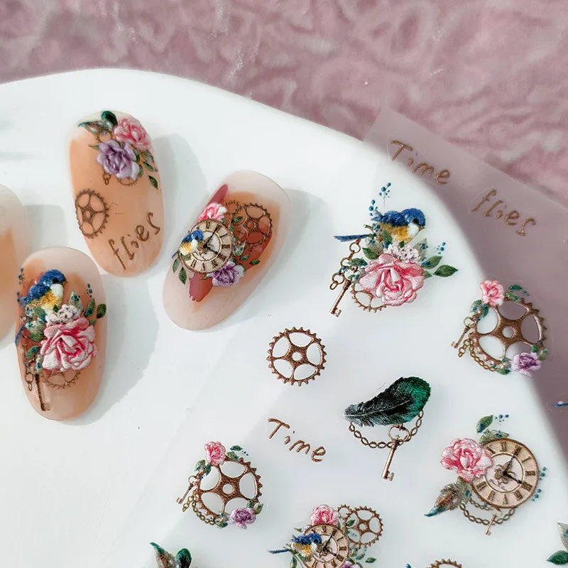 

Роза часы птичье перо 5D мягкие рельефные Самоклеящиеся украшения для ногтей наклейки цветок 3D маникюрные переводки оптовая продажа