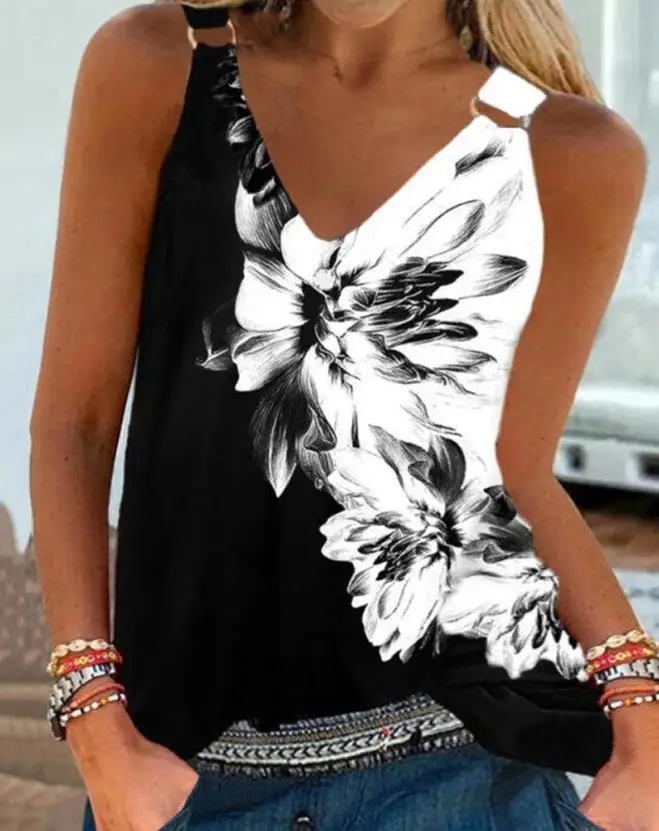 

Women Tank Top 2023 Sexy Summer Floral Print Sleeveless O-Ring Floral Print Colorblock Tank Vests Bohemian Spaghetti Strap Camis
