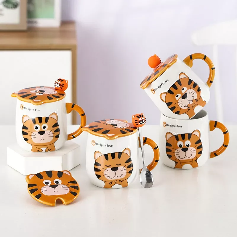 

Cartoon Creative Tiger Ceramic Coffee Espresso Mug Cups With Lids And Spoon Cute Kawaii Milk Tea Cup Drinkware Personalized Gift
