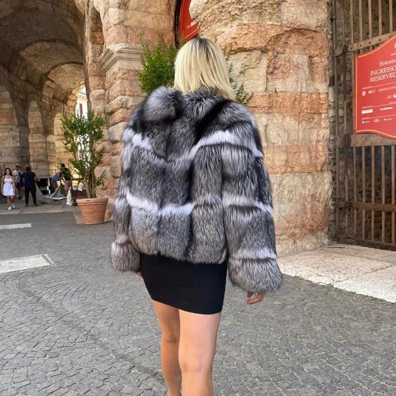 Natural Silver Fox Fur Jacket Women High Street Harajuku Outertwear Winter Thicken Warm Loose Real Sliver Fox Fur Coat Feamle