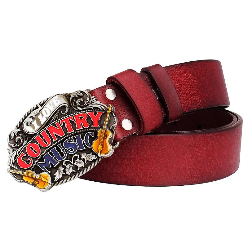 I Love Country Music Letter Metal Buckle Play Violin Folk Rhyme Style Perform Decorative Belts Cowskin Leather Jeans Waistband