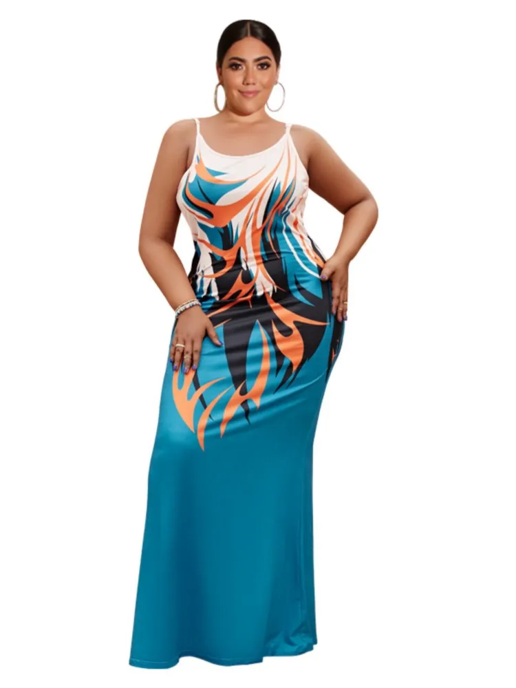 

Summer Plus Size Dresses For Women Fashion Print Backless Robe 2022 New Elegant Chic Spaghetti Strap Sexy Party Long Maxi Dress