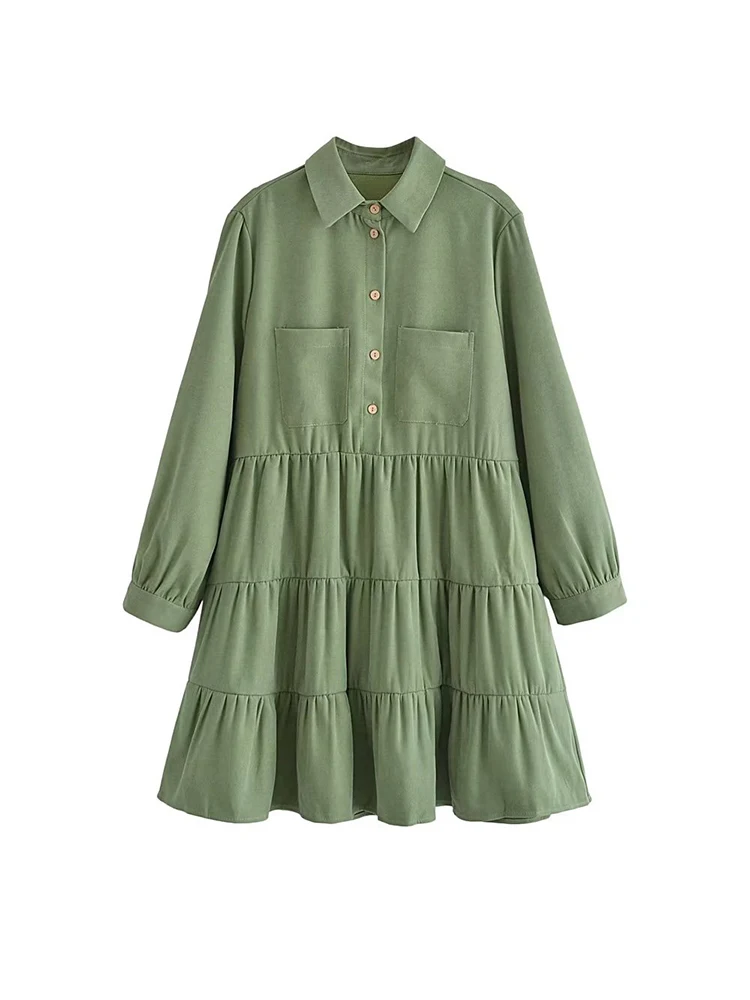 

Женское плотное платье болотного цвета, свободное платье-трапеция с длинным рукавом и отложным воротником, модель 2022 на весну и осень