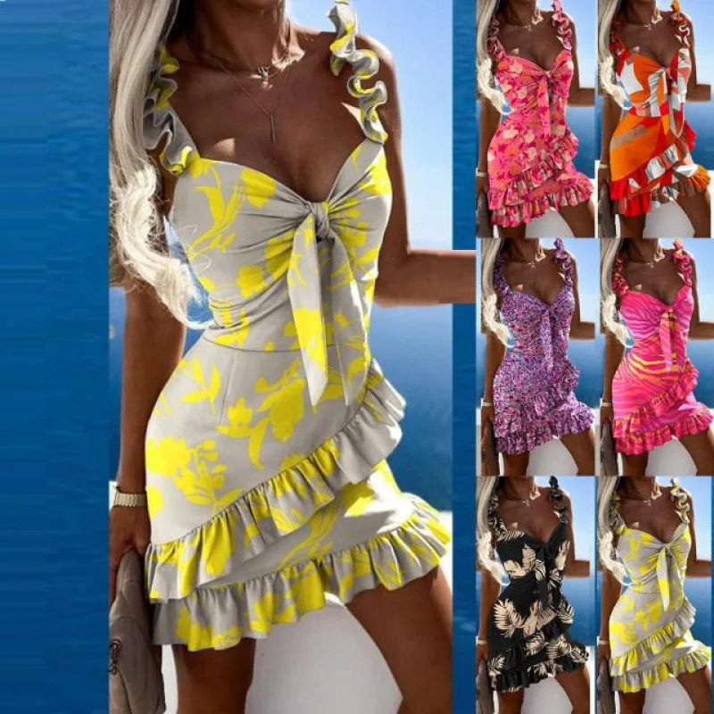 

Fashionable sexy new style suspender printed waist closing dress for women