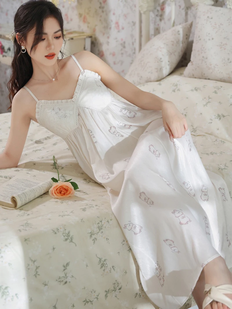 Women Spaghetti Strap Sleeveless Victorian Pajama Nightdress Summer Print Lolita Sweet Silk Nightgowns with Chest Pad Homewear