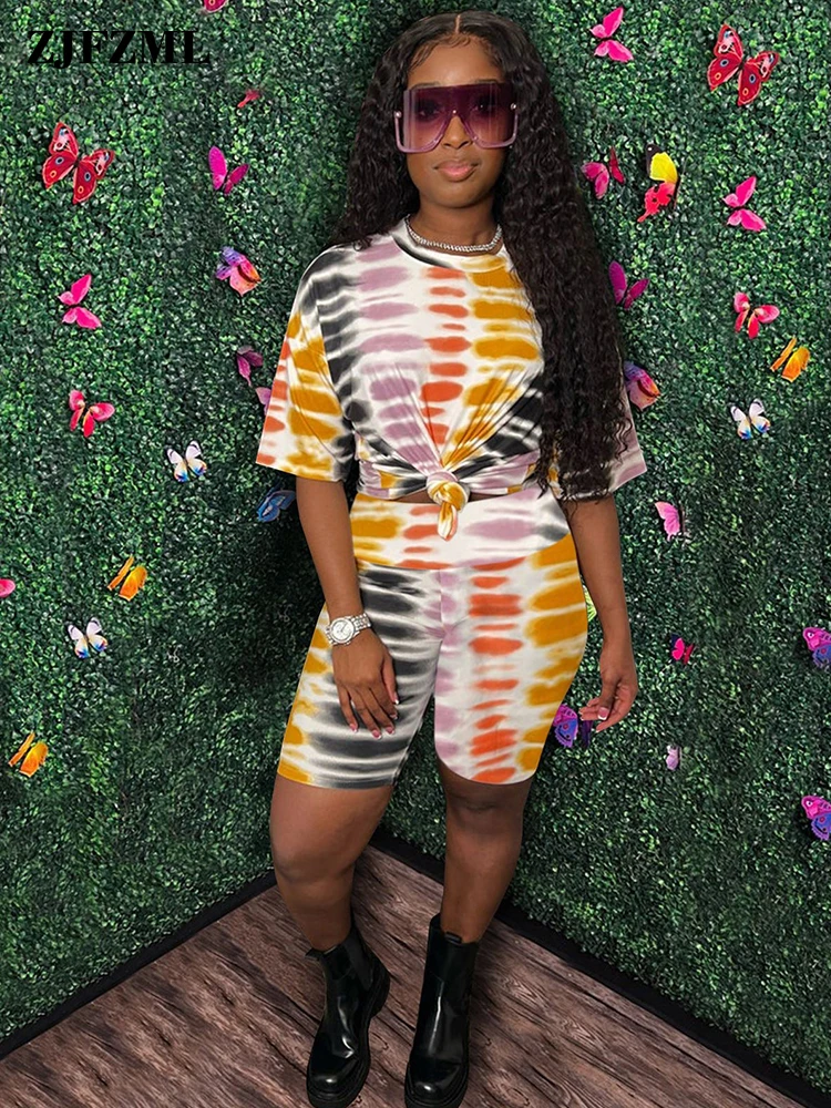 

Casual Tie Dye Two Piece Jogging Suits for Women Tracksuit Short Sleeve Workout T-shirt and Stretchy Biker Short Streetwear Sets