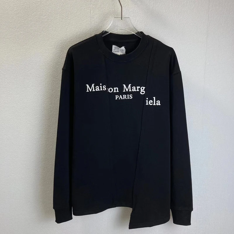 

Уличные толстовки в стиле хип-хоп MM6 Margiela, пуловер с круглым вырезом и надписью на груди с асимметричным швом для мужчин и женщин, Свитшот MM6