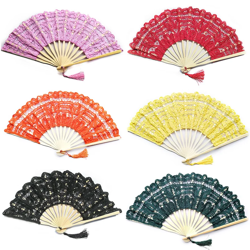 

Vintage Wood Lace Folding Fan Embroidery Chinese Dance Hand Fan Party Prom Bamboo Hand Folding Lace Fabric Retro Craft Gift Fan