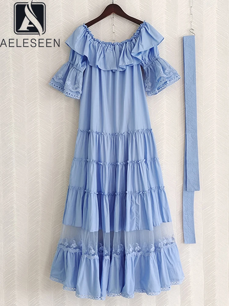 

AELESEEN Runway Fashion Summer Dress Women Blue Ruffles Flare Sleeve Slash Neck Belt Mesh Embroidery Holiday Party Long