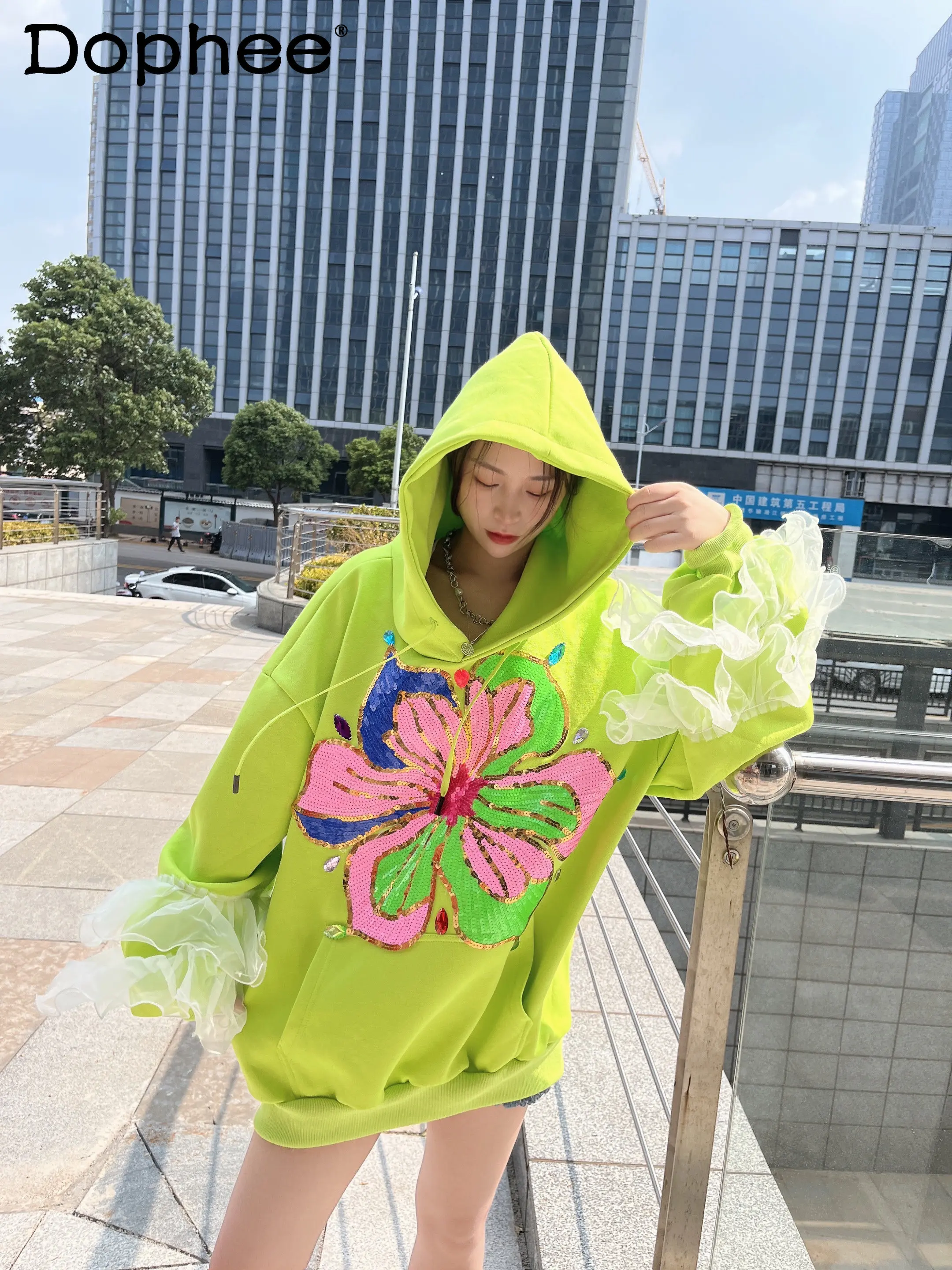 

Heavy Embroidery Sequins Flower Mesh Patchwork Hoodie Coat Women 2022 Autumn Winter Loose Casual Sportswear Hooded Sweatshirts